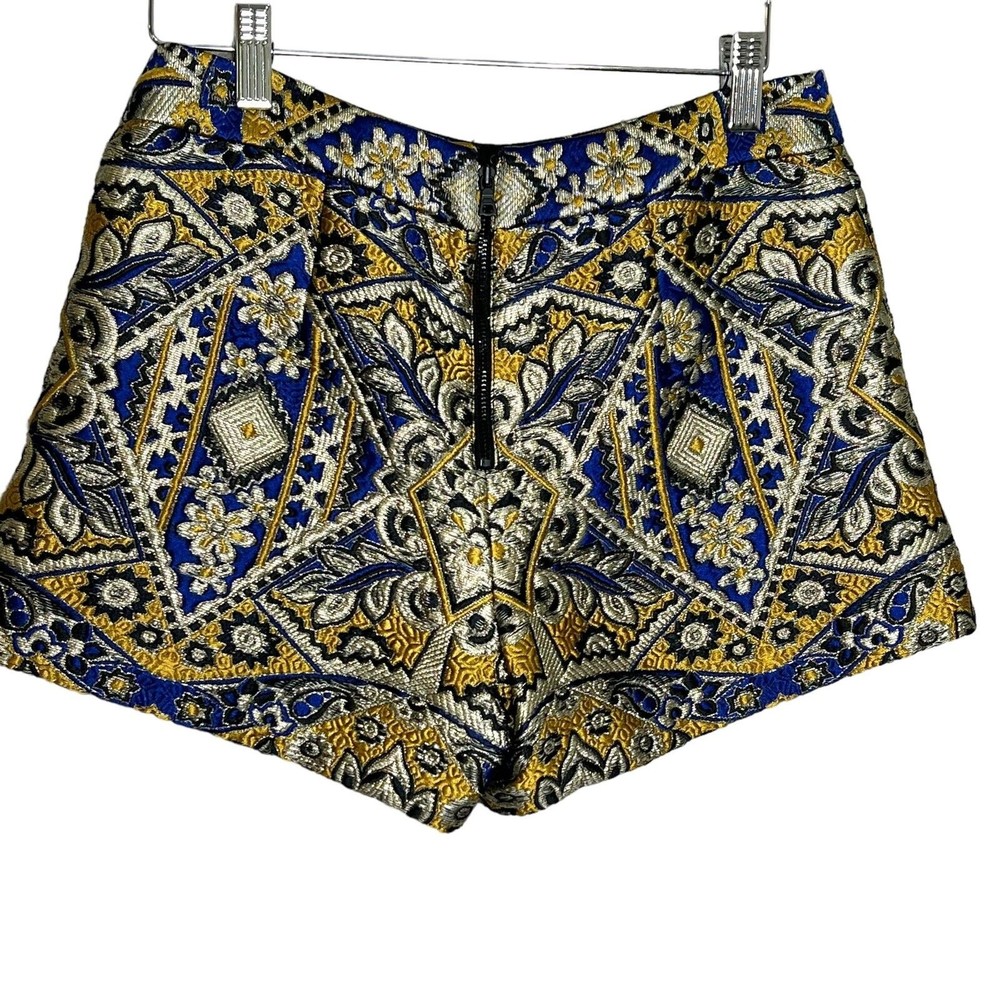 Alice + Olivia Gold Mustard Blue Baroque Jacquard Silk Woven Embroidered Shorts - Picture 4 of 5